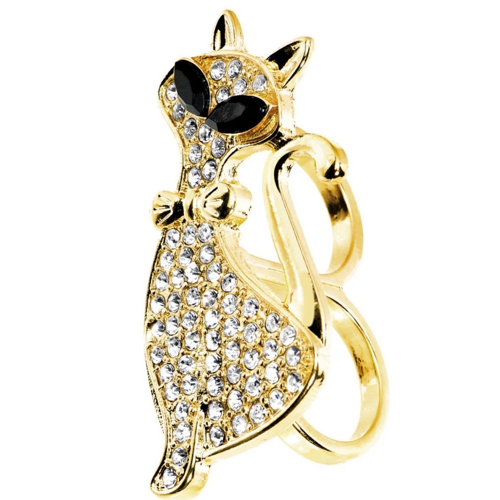 Elegant Gold Toned Crystalline Fashion Feline Double Finger Ring Size 7-8